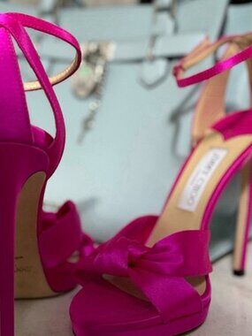 Jimmy Choo Pink Satin Platform Stiletto Heels Bow Ankle Strap Women's Shoes